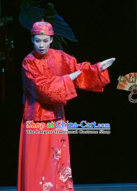 Chinese Yue Opera Qing Dynasty Bridegroom Costumes and Hat Shaoxing Opera Ban Ba Jan Dao Apparels Young Man Wedding Garment