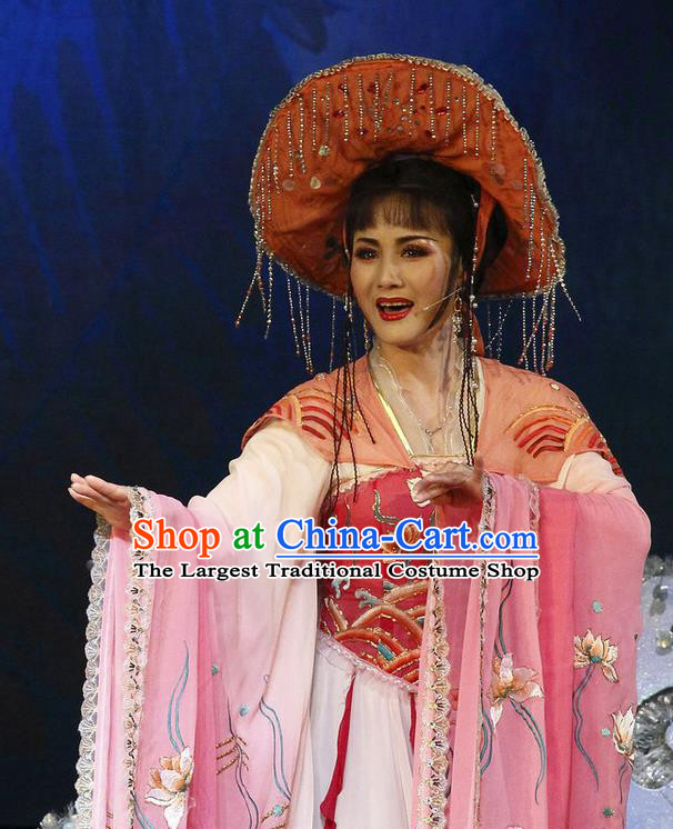 Chinese Shaoxing Opera Actress Pink Dress Apparels Costumes and Tassel Hat The Princess Messenger Farewell at Lakeside Yue Opera Hua Tan Dragon Princess San Niang Garment