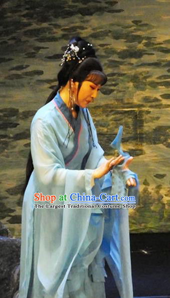 Chinese Shaoxing Opera Young Lady Blue Dress Costumes and Hair Accessories The Princess Messenger Farewell at Lakeside Yue Opera Hua Tan Garment Apparels