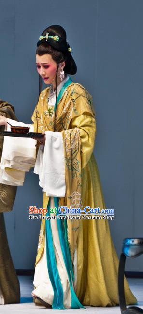 Chinese Shaoxing Opera Rich Dame Apparels and Hair Jewelry Yue Opera Liu Yong Female Costumes Hua Tan Actress Yellow Dress Garment