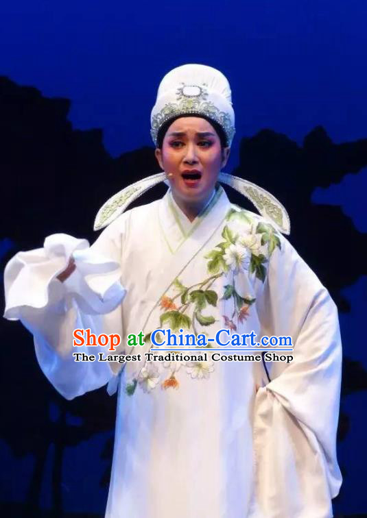 Chinese Yue Opera Niche Scholar Pan Bizheng Costumes and Hat Dao Guan Qin Yuan Shaoxing Opera Young Male Garment Apparels Xiaosheng White Robe