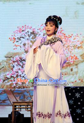 Chinese Shaoxing Opera Young Female Dress Costumes and Headdress He Wenxiu Yue Opera Hua Tan Wan Lanying Garment Apparels