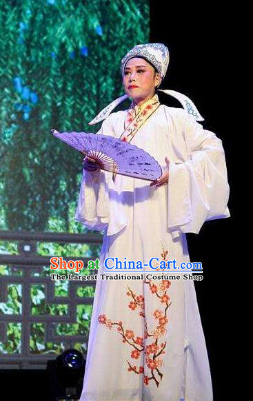 He Wenxiu Chinese Yue Opera Scholar Garment Apparels and Hat Shaoxing Opera Xiaosheng Young Male Costumes Niche White Robe