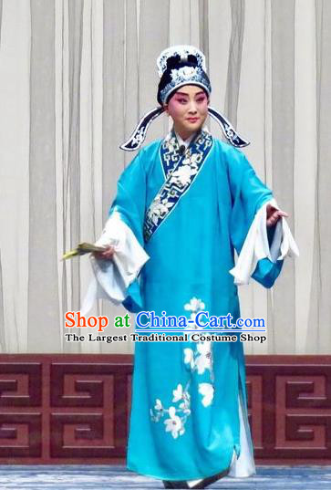 San Kan Yu Mei Chinese Ping Opera Childe Feng Jiajin Costumes and Headwear Pingju Opera Scholar Blue Robe Apparels Clothing