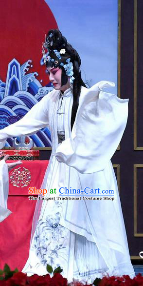 Chinese Beijing Opera Diva Apparels Costumes and Headdress Tell On Sargam Traditional Peking Opera Distress Maiden Zhang Shangzhu White Dress Young Female Garment