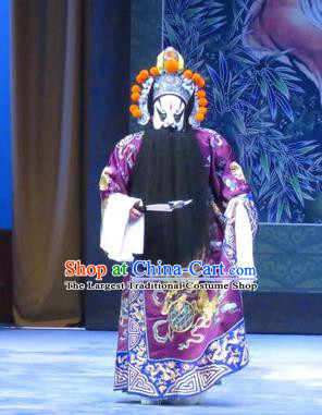 Zhou Ren Xian Sao Chinese Ping Opera Elderly Male Costumes and Headwear Pingju Opera Apparels Minister Yan Song Clothing Purple Embroidered Robe