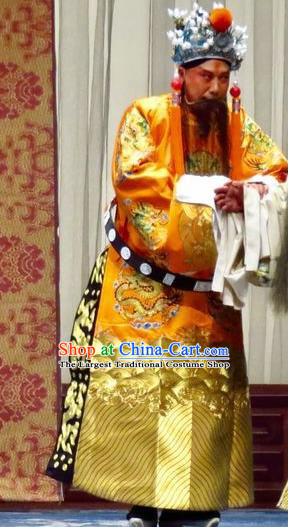 San Kan Yu Mei Chinese Ping Opera Emperor Golden Costumes and Headwear Pingju Opera Elderly Male Apparels Laosheng Clothing