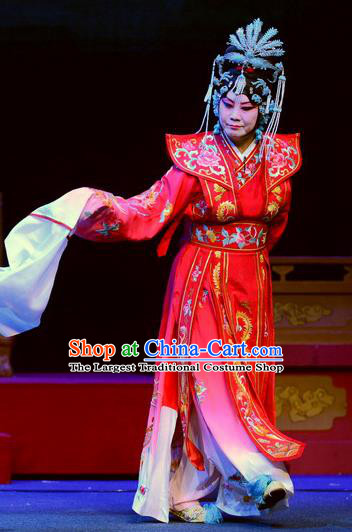 Chinese Ping Opera Empress Apparels Costumes and Headpieces Da Song Zhong Yi Zhuan Traditional Pingju Opera Diva Liu E Red Dress Garment