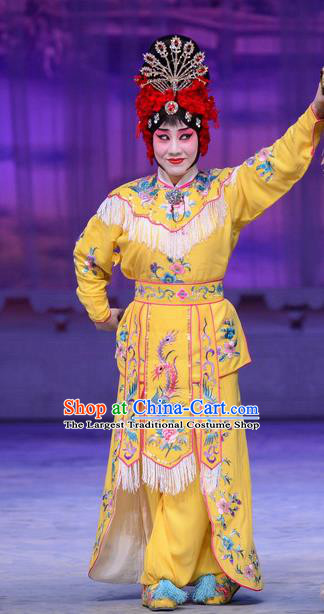 Chinese Beijing Opera Young Woman Apparels Costumes and Headdress San Da Tao Sanchun Traditional Peking Opera Martial Female Yellow Dress Garment