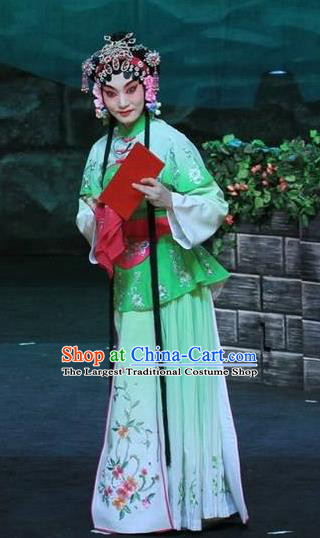 Chinese Beijing Opera Xiaodan Apparels Costumes and Headdress On A Wall and Horse Traditional Peking Opera Young Lady Dress Servant Girl Garment