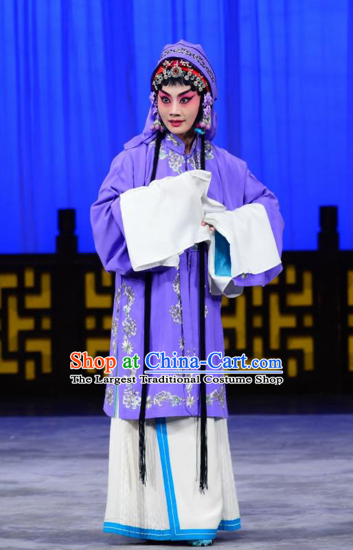 Chinese Beijing Opera Actress Chen Xiuying Apparels Romance of the Iron Bow Costumes and Headpieces Traditional Peking Opera Hua Tan Purple Dress Garment