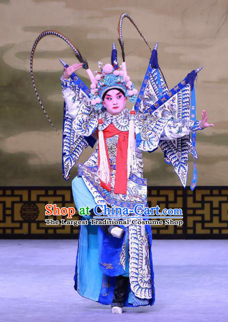 Jiu Jiang Kou Chinese Peking Opera Young General Garment Costumes and Headwear Beijing Opera Wusheng Apparels Martial Male Hua Yunlong Kao Armor Suit with Flags Clothing