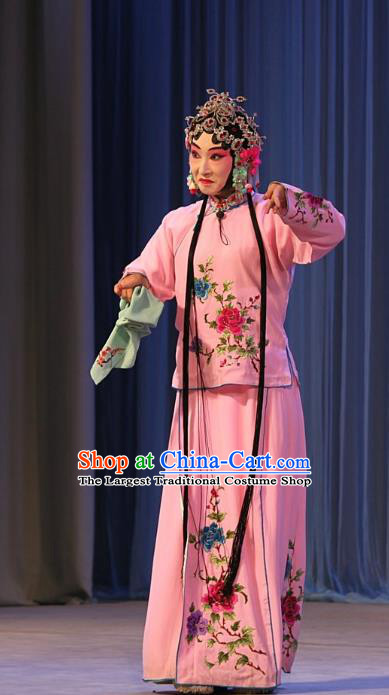 Chinese Beijing Opera Xiaodan Apparels Ba Zhen Tang Costumes and Headpieces Traditional Peking Opera Young Lady Chun Lan Pink Dress Garment