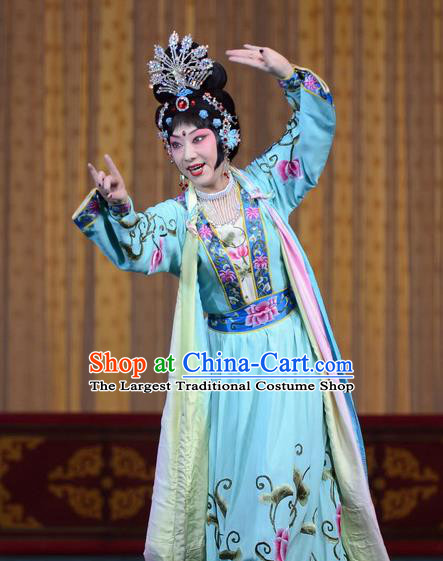 Chinese Beijing Opera Goddess Apparels Costumes and Headdress Petal Sprinkles From Heaven Traditional Peking Opera Hua Tan Blue Dress Garment