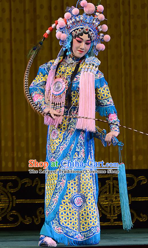 Chinese Beijing Opera Female General Hu Sanniang Apparels Hu Jia Zhuang Costumes and Headdress Traditional Peking Opera Martial Lady Dress Tao Ma Tan Armor Garment