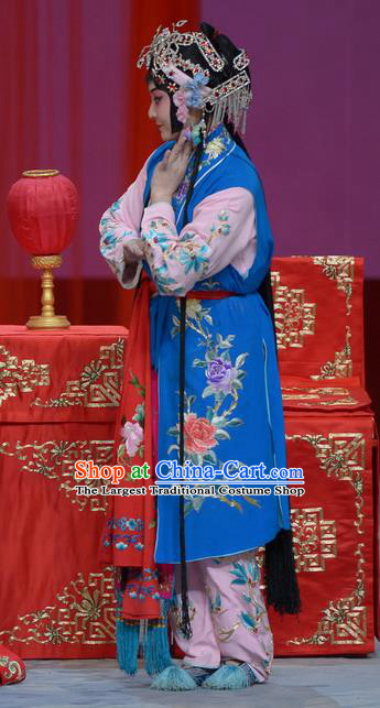 Chinese Beijing Opera Maidservant Apparels Su Xiaomei Costumes and Headpieces Traditional Peking Opera Xiaodan Dress Young Lady Blue Garment