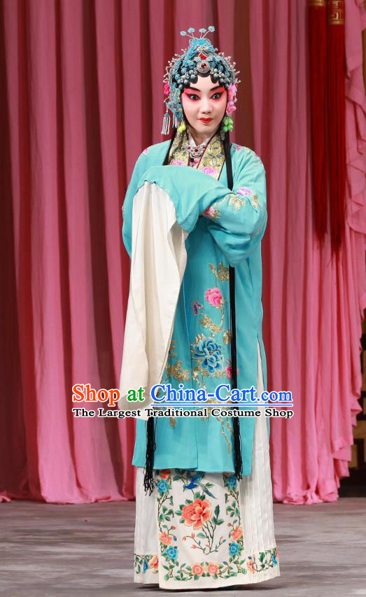 Chinese Beijing Opera Diva Che Jingfang Apparels Shi Wen Hui Costumes and Headpieces Traditional Peking Opera Hua Tan Dress Actress Blue Garment