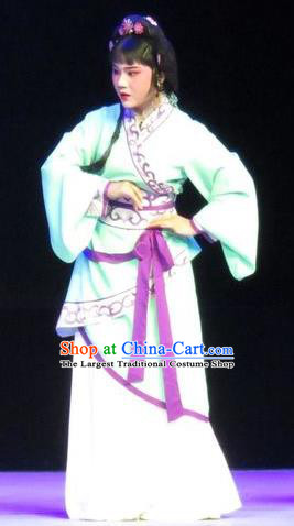 Chinese Ping Opera Xiaodan Apparels Costumes and Headdress Traditional Pingju Opera Saving Orphan Young Lady Green Dress Garment