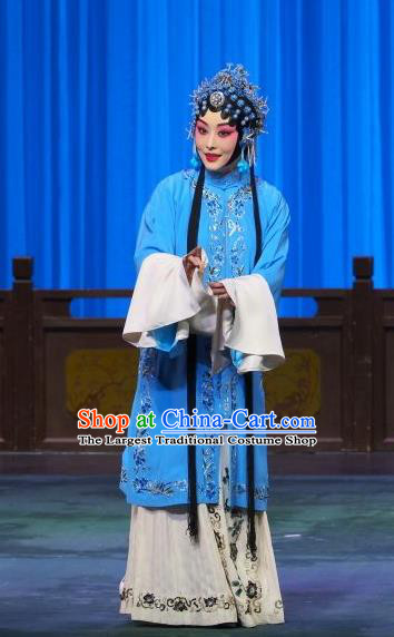 Chinese Beijing Opera Tsing Yi Liu Lanzhi Apparels Costumes and Headpieces Traditional Peking Opera Young Female Blue Dress Distress Maiden Garment