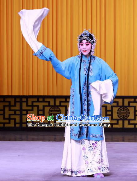 Chinese Beijing Opera Diva Apparels Hong Mu Ma Chou Costumes and Headpieces Traditional Peking Opera Tsing Yi Blue Dress Young Mistress Garment