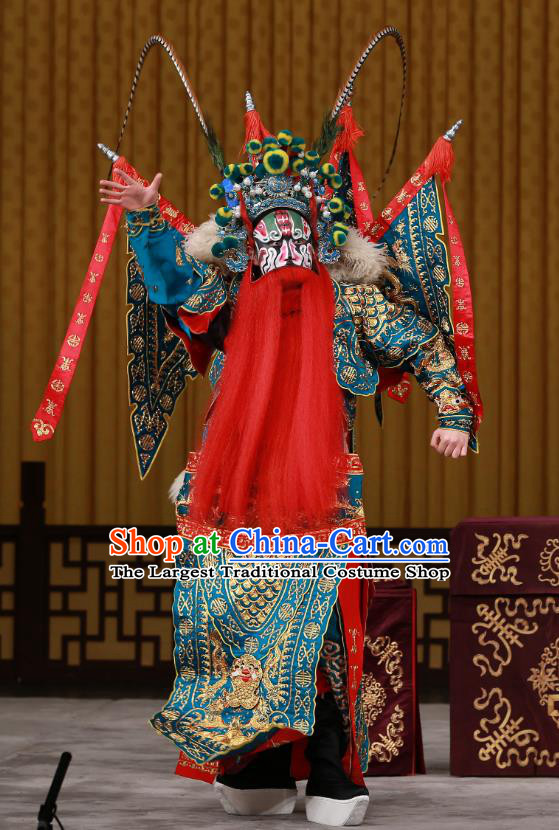 Dingjun Mount Chinese Peking Opera Military Officer Armor Garment Costumes and Headwear Beijing Opera General Xia Houde Apparels Clothing Kao with Flags