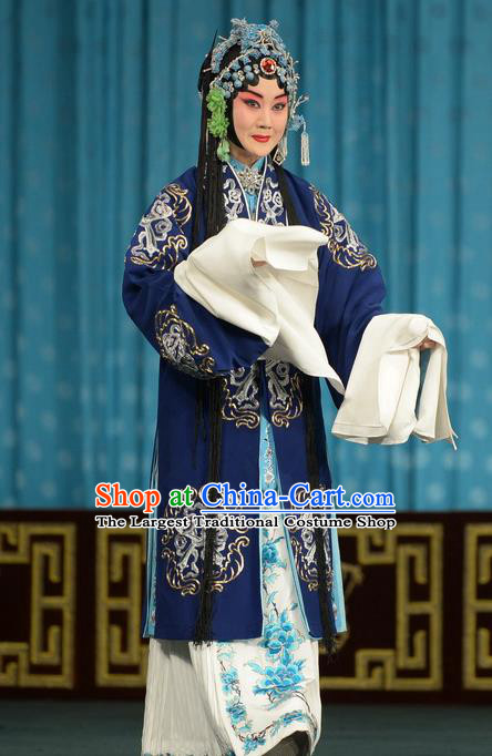 Chinese Beijing Opera Young Mistress Apparels Chun Qiu Bi Costumes and Headpieces Traditional Peking Opera Actress Blue Dress Garment