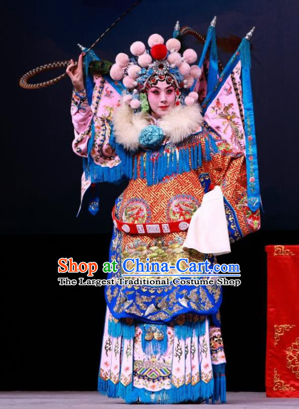 Chinese Beijing Opera Tao Ma Tan Armor Apparels Mu Ke Zhai Costumes and Headpieces Mu Guiying Kao Garment with Flags Traditional Peking Opera Blues Dress