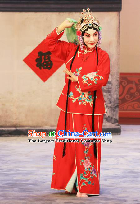 Chinese Beijing Opera Young Lady Apparels Ju Da Gang Costumes and Headdress Traditional Peking Opera Village Girl Red Dress Diva Garment