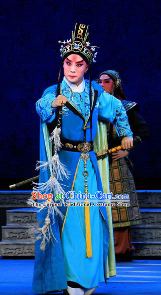 King Zhao Wuling Chinese Peking Opera Prince Zhao Zhang Garment Costumes and Headwear Beijing Opera Young Male Apparels Xiaosheng Blue Clothing