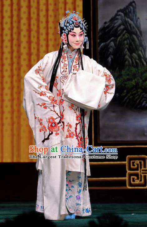 Chinese Beijing Opera Young Female Lin Huiniang Apparels Xiang Luo Belt Costumes and Headdress Traditional Peking Opera Hua Tan White Dress Garment