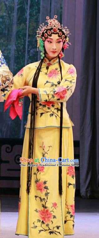 Chinese Beijing Opera Servant Girl Apparels Nan Jie Guan Costumes and Headdress Traditional Peking Opera Maid Lady Yellow Dress Garment