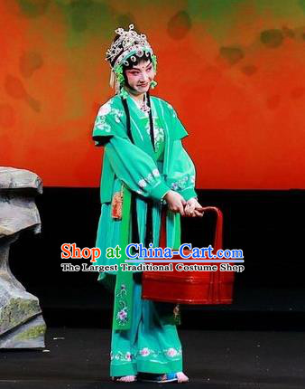 Chinese Beijing Opera Servant Girl Apparels Mei Hua Zan Costumes and Headdress Traditional Peking Opera Xiaodan Dress Maid Lady Green Garment