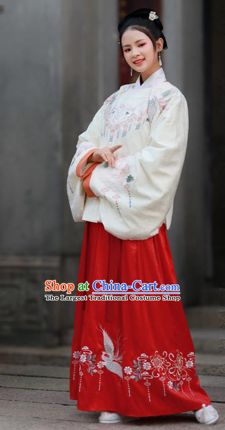 Traditional Chinese Ancient Civilian Lady Embroidered Hanfu Dress Garment Ming Dynasty Historical Costumes Blouse and Skirt Complete Set