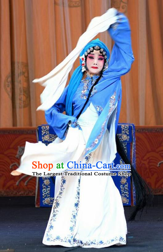 Chinese Beijing Opera Diva Garment Li Sanniang Costumes and Hair Accessories Traditional Peking Opera Young Mistress Dress Distress Maiden Apparels