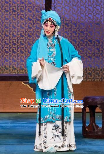 Chinese Beijing Opera Distress Maiden Garment Ye Zhu Lin Costumes and Hair Accessories Traditional Peking Opera Hua Tan Dress Actress Blue Apparels