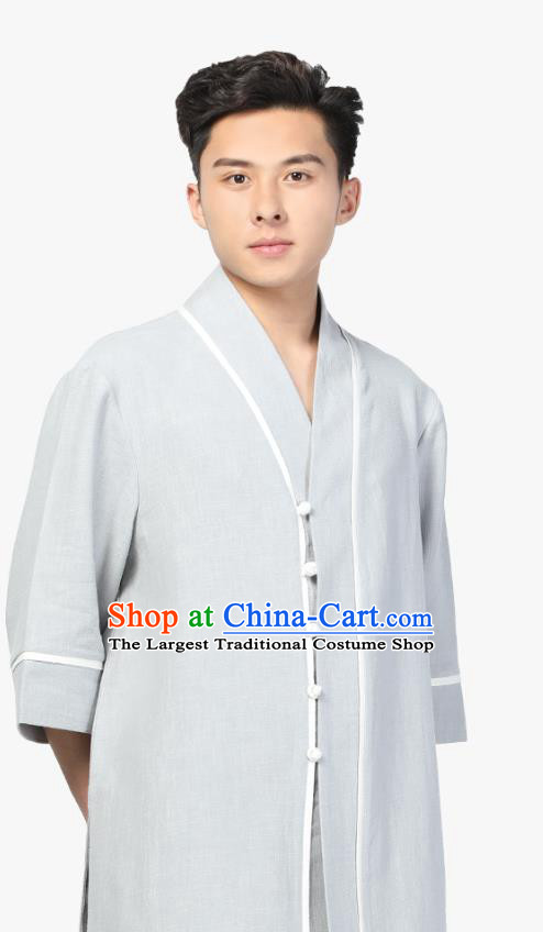 Chinese Traditional Tang Suit Upper Outer Garment Costume National Clothing Light Grey Ramie Shirt for Men