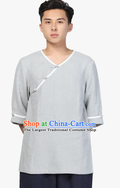 Chinese Traditional Tang Suit Costume National Clothing Slant Opening Grey Ramie Shirt Upper Outer Garment for Men