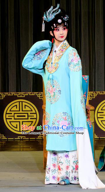 Chinese Sichuan Opera Diva Zhao Rong Garment Costumes and Hair Accessories Traditional Peking Opera Zhai Hong Mei Young Female Blue Dress Actress Apparels