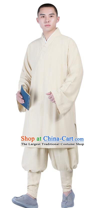 Chinese Traditional Shaolin Monk Costume Buddhism Clothing Beige Slant Opening Blouse and Pants Complete Set