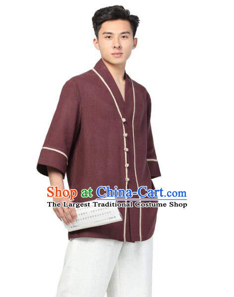 Chinese Traditional Tang Suit Costume National Clothing Dark Red Ramie Shirt for Men