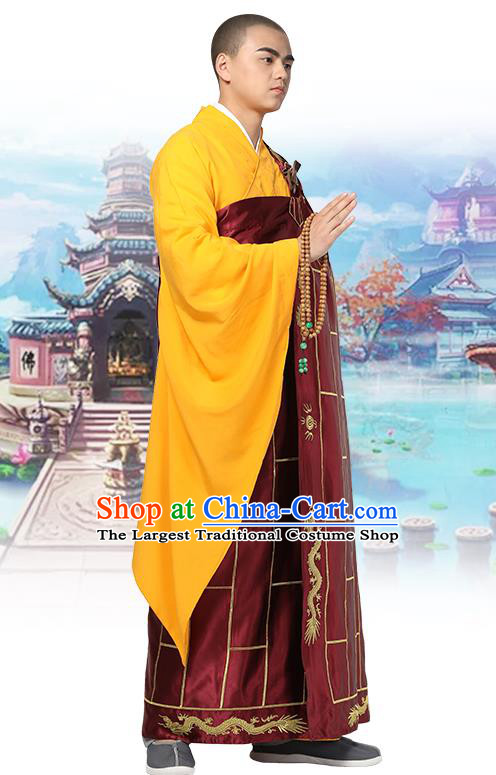 Chinese Traditional Monk Embroidered Dragon Wine Red Silk Kasaya Costume Buddhism Gown Clothing Bonze Cassock Garment for Men