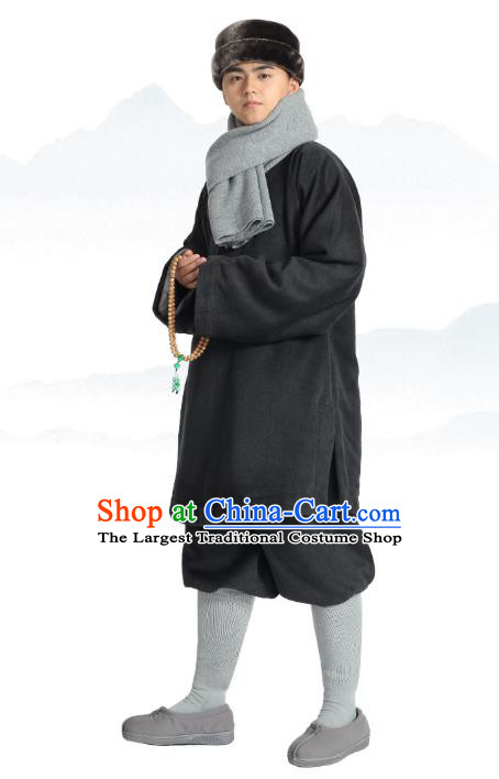 Chinese Traditional Monk Winter Deep Grey Costume Lay Buddhist Clothing Meditation Garment Shirt and Pants for Men