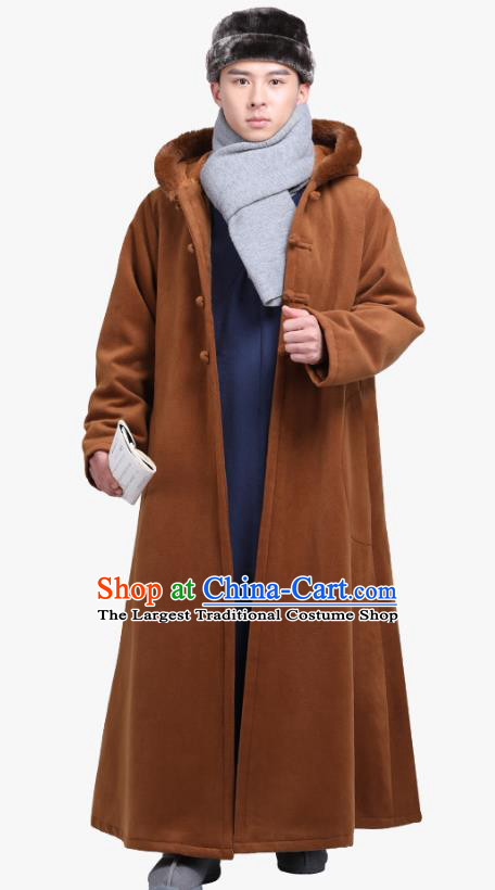 Chinese Traditional Winter Light Tan Cloak Costume Lay Buddhist Clothing Meditation Garment Dust Coat for Men