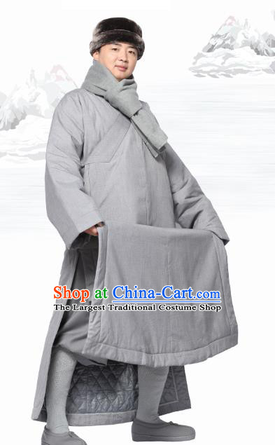 Chinese Traditional Winter Grey Cotton Padded Gown Costume Lay Buddhist Clothing Meditation Garment for Men