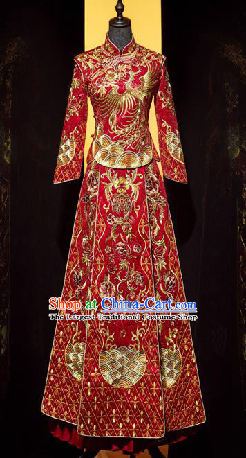 Top Grade Chinese Ancient Bride Embroidered Phoenix Xiuhe Suit Toast Red Dress Traditional Wedding Costumes for Women