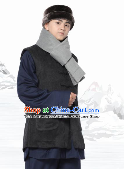 Chinese Traditional Winter Deep Grey Vest Costume Meditation Garment Lay Buddhist Waistcoat for Men