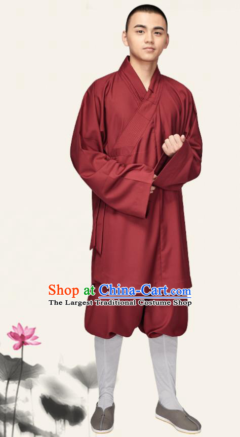 Chinese Traditional Monk Dark Red Flax Short Gown and Pants Meditation Garment Buddhist Bonze Costume for Men