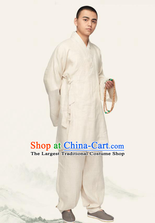 Chinese Traditional Monk White Flax Short Gown and Pants Meditation Garment Buddhist Bonze Costume for Men