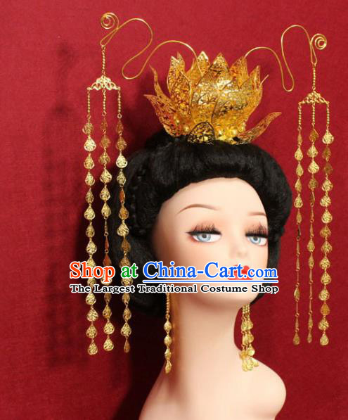 Traditional Chinese Ancient Empress Golden Lotus Tassel Phoenix Coronet Handmade Hair Jewelry Hair Accessories Hair Fascinators for Women