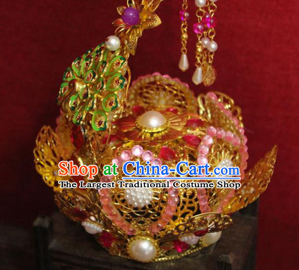 Traditional Chinese Handmade Pink Crystal Hair Crown Ancient Queen Hair Accessories Golden Cloisonne Phoenix Coronet for Women